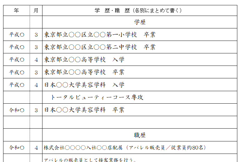 受付嬢の履歴書サンプル　学歴欄